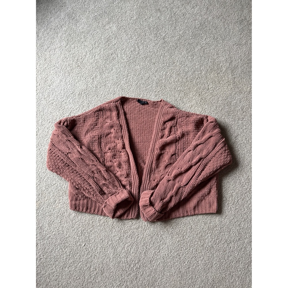 Moon & Madison Mauve Cable Knit Cropped Cardigan Sweater Open Front Womens M